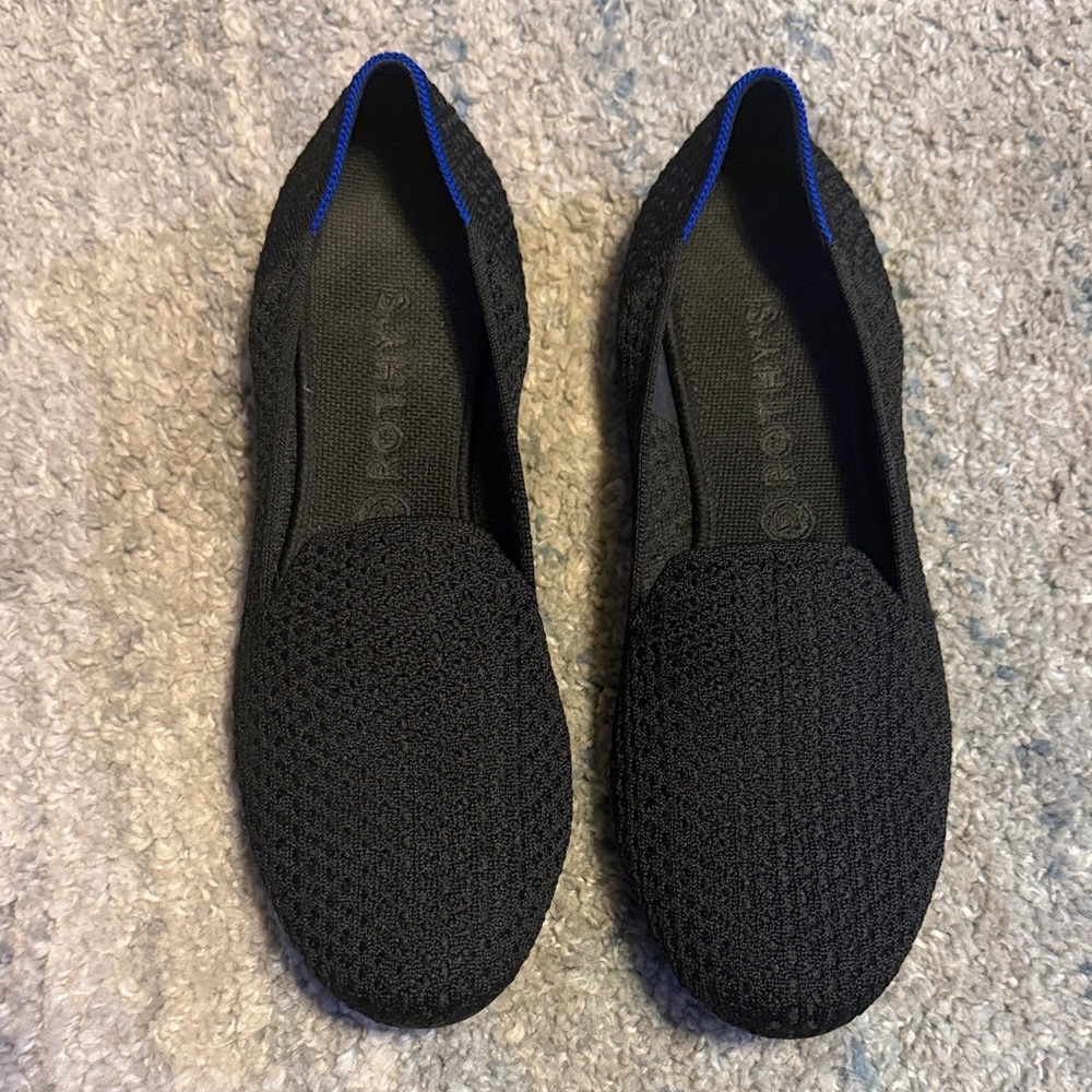 Rothy's Black Knit Slip-On Flats with Blue Trim
